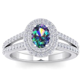 1-3/4 Carat Oval Shape Mystic Topaz Ring With Double Diamond Halo In 14 Karat White Gold