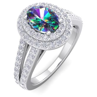 1-3/4 Carat Oval Shape Mystic Topaz Ring With Double Diamond Halo In 14 Karat White Gold