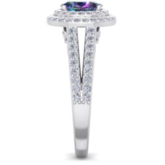 1-3/4 Carat Oval Shape Mystic Topaz Ring With Double Diamond Halo In 14 Karat White Gold