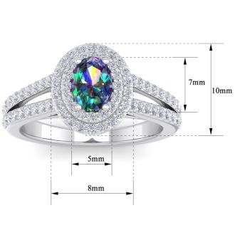 1-3/4 Carat Oval Shape Mystic Topaz Ring With Double Diamond Halo In 14 Karat White Gold