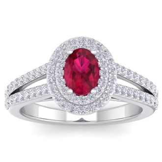 2 Carat Oval Shape Ruby and Halo Diamond Ring In 14 Karat White Gold