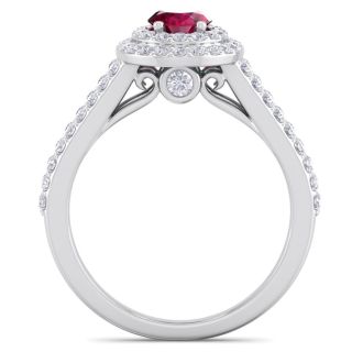 2 Carat Oval Shape Ruby and Halo Diamond Ring In 14 Karat White Gold