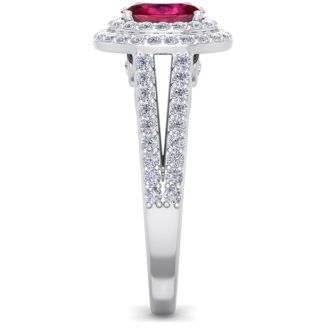2 Carat Oval Shape Ruby and Halo Diamond Ring In 14 Karat White Gold
