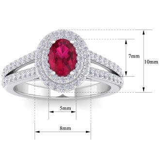 2 Carat Oval Shape Ruby and Halo Diamond Ring In 14 Karat White Gold