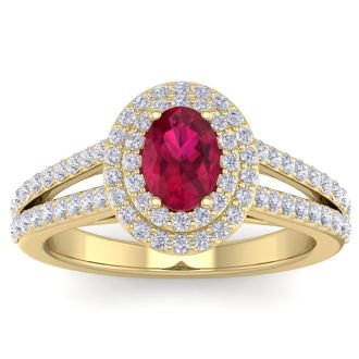 2 Carat Oval Shape Ruby and Halo Diamond Ring In 14 Karat Yellow Gold