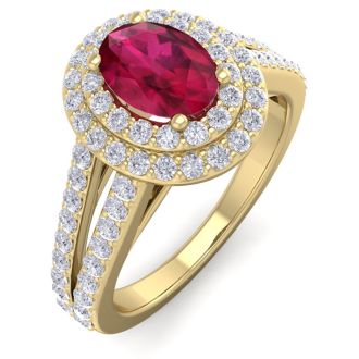 2 Carat Oval Shape Ruby and Halo Diamond Ring In 14 Karat Yellow Gold