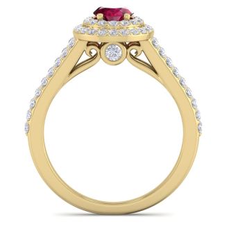 2 Carat Oval Shape Ruby and Halo Diamond Ring In 14 Karat Yellow Gold