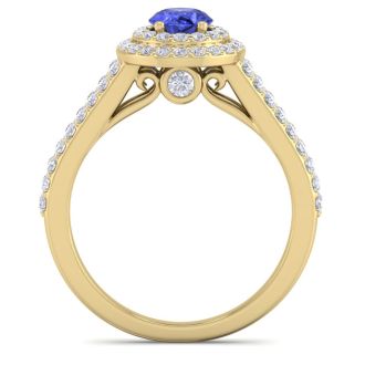 2 Carat Oval Shape Tanzanite and Halo Diamond Ring In 14 Karat Yellow Gold