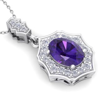 1 1/3 Carat Oval Shape Amethyst and Diamond Necklace In 14 Karat White Gold, 18 Inches