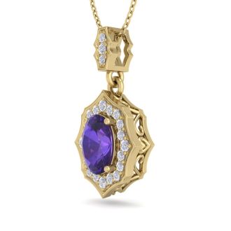 1 1/3 Carat Oval Shape Amethyst and Diamond Necklace In 14 Karat Yellow Gold, 18 Inches