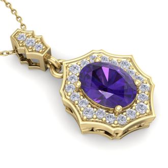1 1/3 Carat Oval Shape Amethyst and Diamond Necklace In 14 Karat Yellow Gold, 18 Inches