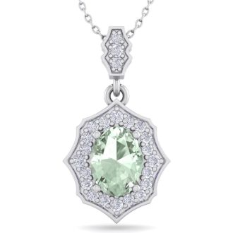 1 1/3 Carat Oval Shape Green Amethyst and Diamond Necklace In 14 Karat White Gold, 18 Inches