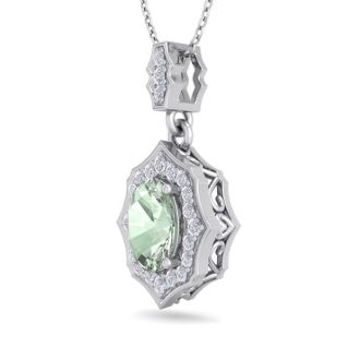 1 1/3 Carat Oval Shape Green Amethyst and Diamond Necklace In 14 Karat White Gold, 18 Inches