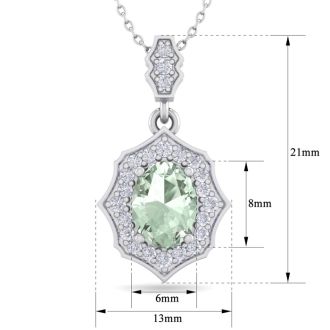 1 1/3 Carat Oval Shape Green Amethyst and Diamond Necklace In 14 Karat White Gold, 18 Inches