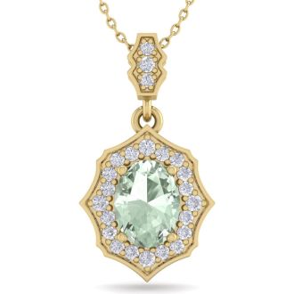 1 1/3 Carat Oval Shape Green Amethyst and Diamond Necklace In 14 Karat Yellow Gold, 18 Inches