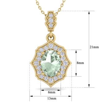 1 1/3 Carat Oval Shape Green Amethyst and Diamond Necklace In 14 Karat Yellow Gold, 18 Inches
