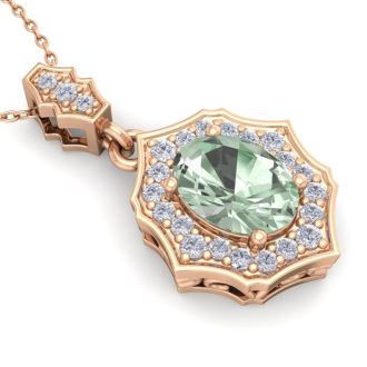 1 1/3 Carat Oval Shape Green Amethyst and Diamond Necklace In 14 Karat Rose Gold, 18 Inches