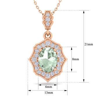 1 1/3 Carat Oval Shape Green Amethyst and Diamond Necklace In 14 Karat Rose Gold, 18 Inches