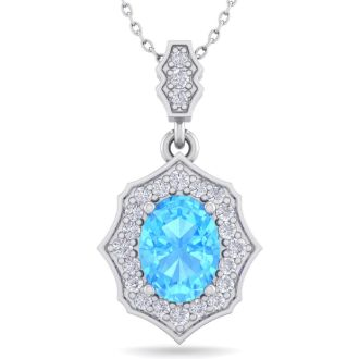 1 3/4 Carat Oval Shape Blue Topaz and Diamond Necklace In 14 Karat White Gold, 18 Inches