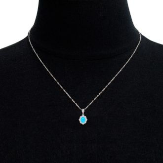 1 3/4 Carat Oval Shape Blue Topaz and Diamond Necklace In 14 Karat White Gold, 18 Inches