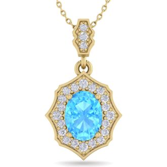 1 3/4 Carat Oval Shape Blue Topaz and Diamond Necklace In 14 Karat Yellow Gold, 18 Inches