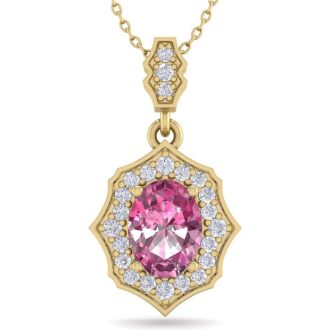 Pink Gemstones 1 3/4 Carat Oval Shape Pink Topaz and Diamond Necklace In 14 Karat Yellow Gold, 18 Inches