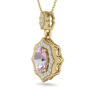 Pink Gemstones 1 3/4 Carat Oval Shape Pink Topaz and Diamond Necklace In 14 Karat Yellow Gold, 18 Inches