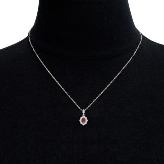 Garnet Necklace: Garnet Jewelry: 1 3/4 Carat Oval Shape Garnet and Diamond Necklace In 14 Karat White Gold, 18 Inches