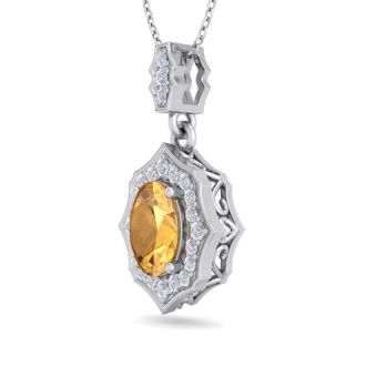 1 1/3 Carat Oval Shape Citrine and Diamond Necklace In 14 Karat White Gold, 18 Inches