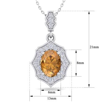 1 1/3 Carat Oval Shape Citrine and Diamond Necklace In 14 Karat White Gold, 18 Inches