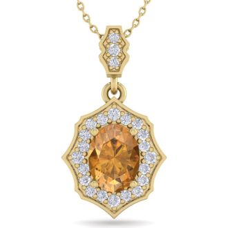 1 1/3 Carat Oval Shape Citrine and Diamond Necklace In 14 Karat Yellow Gold, 18 Inches