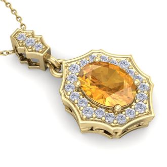 1 1/3 Carat Oval Shape Citrine and Diamond Necklace In 14 Karat Yellow Gold, 18 Inches