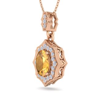 1 1/3 Carat Oval Shape Citrine and Diamond Necklace In 14 Karat Rose Gold, 18 Inches