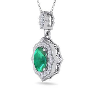 1-1/2 Carat Oval Shape Emerald Necklaces With Diamonds In 14 Karat White Gold, 18 Inch Chain