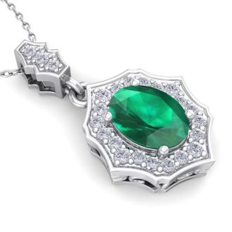 1-1/2 Carat Oval Shape Emerald Necklaces With Diamonds In 14 Karat White Gold, 18 Inch Chain