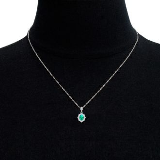 1-1/2 Carat Oval Shape Emerald Necklaces With Diamonds In 14 Karat White Gold, 18 Inch Chain