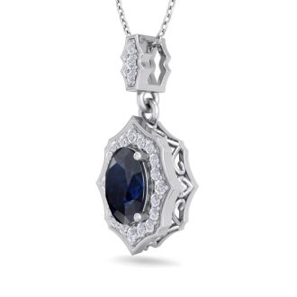 1 3/4 Carat Oval Shape Sapphire and Diamond Necklace In 14 Karat White Gold, 18 Inches