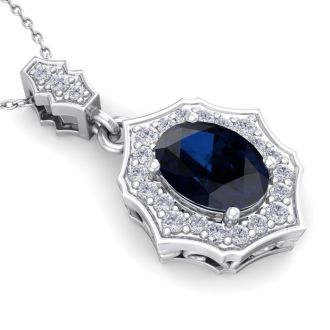 1 3/4 Carat Oval Shape Sapphire and Diamond Necklace In 14 Karat White Gold, 18 Inches