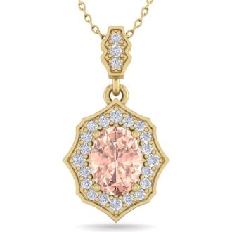 1-1/2 Carat Oval Shape Morganite Necklace With Fancy Diamond Halo In 14 Karat Yellow Gold With18 Inch Chain