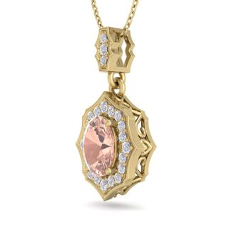 1-1/2 Carat Oval Shape Morganite Necklace With Fancy Diamond Halo In 14 Karat Yellow Gold With18 Inch Chain