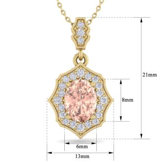 1-1/2 Carat Oval Shape Morganite Necklace With Fancy Diamond Halo In 14 Karat Yellow Gold With18 Inch Chain