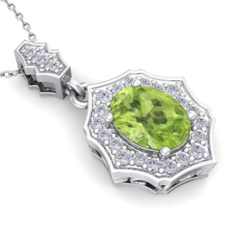 1 1/2 Carat Oval Shape Peridot and Diamond Necklace In 14 Karat White Gold, 18 Inches