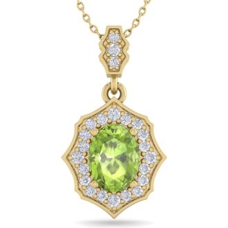 1 1/2 Carat Oval Shape Peridot and Diamond Necklace In 14 Karat Yellow Gold, 18 Inches