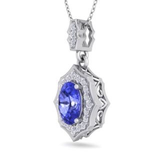 1 1/2 Carat Oval Shape Tanzanite and Diamond Necklace In 14 Karat White Gold, 18 Inches