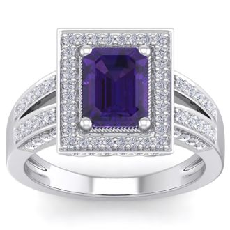 2 1/5 Carat Amethyst and Halo Diamond Ring In 14 Karat White Gold