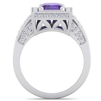 2 1/5 Carat Amethyst and Halo Diamond Ring In 14 Karat White Gold
