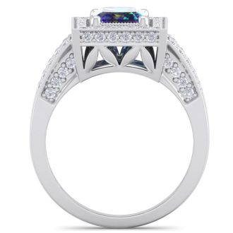 2-1/5 Carat Octagon Shape Mystic Topaz Ring With Halo Diamond In 14 Karat White Gold