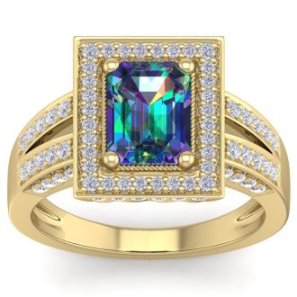 2-1/5 Carat Octagon Shape Mystic Topaz Ring With Halo Diamond In 14 Karat Yellow Gold
