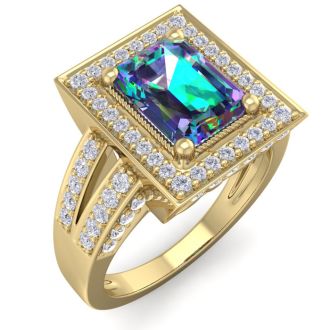 2-1/5 Carat Octagon Shape Mystic Topaz Ring With Halo Diamond In 14 Karat Yellow Gold