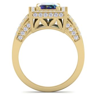 2-1/5 Carat Octagon Shape Mystic Topaz Ring With Halo Diamond In 14 Karat Yellow Gold